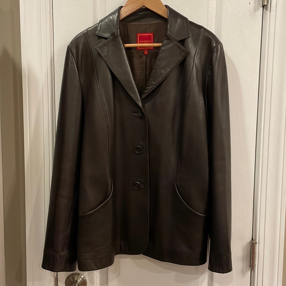 Ladies Cole Haan chocolate lamp skin leather jacket